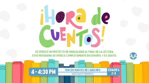 Multi-colored books with ¡Hora de Cuentos! written in Spanish