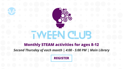 A purple broken lightbulb with purple gears and the words Tween Club