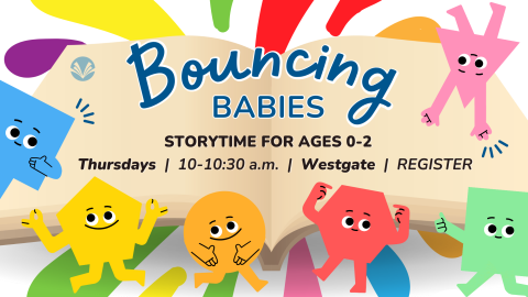 Different colored shapes with faces and the words Bouncing Babies