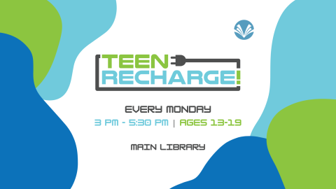 Various shades of blue and green shapes with Teen Recharge written across the middle