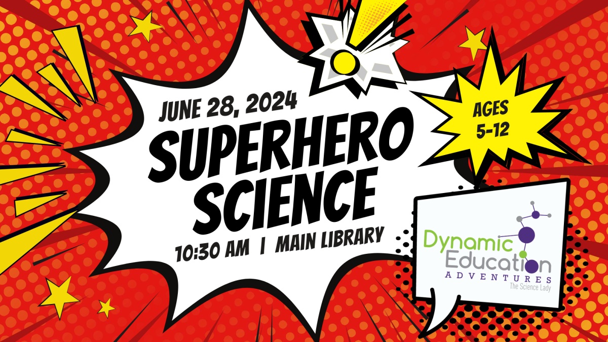 superhero science logo with time and location, red background